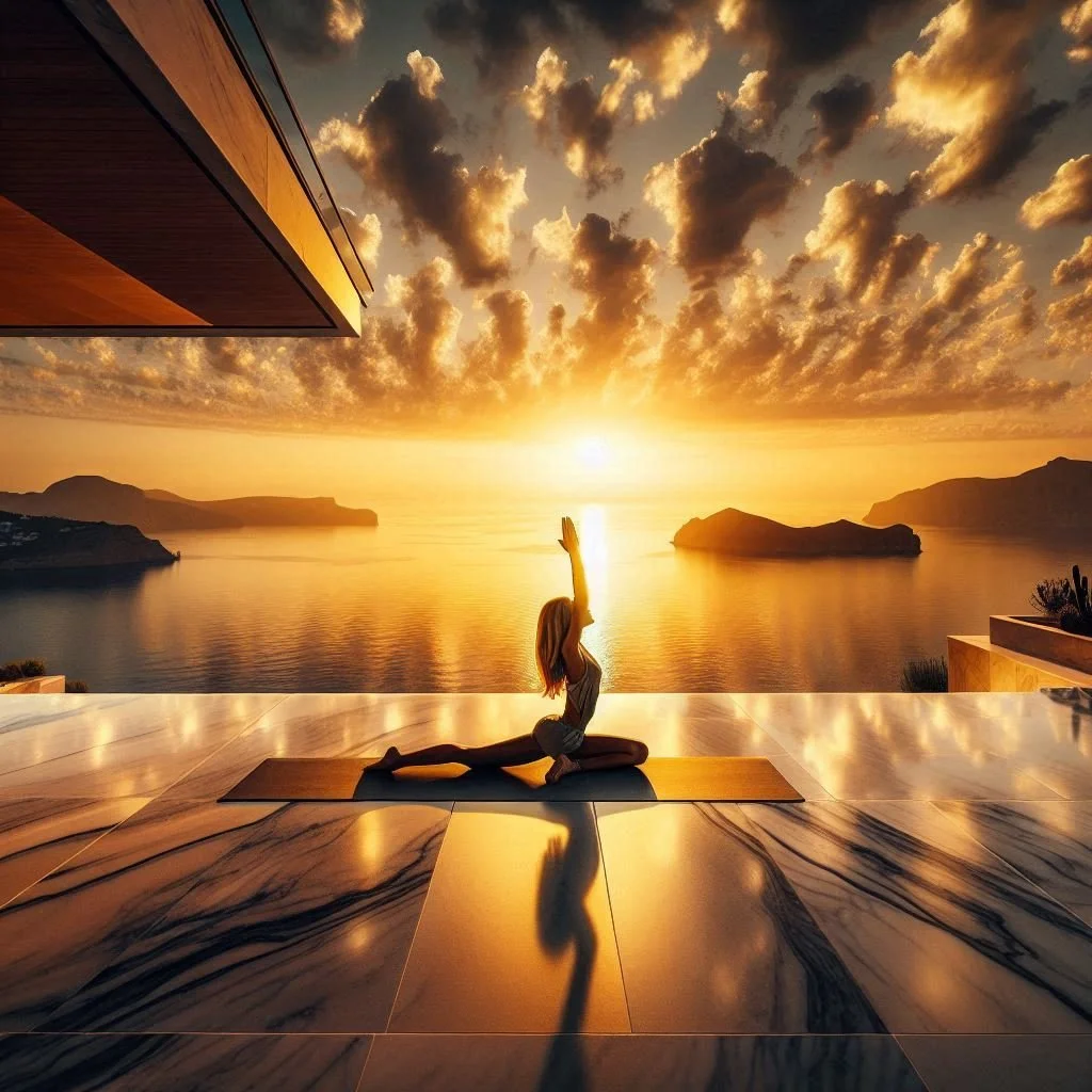 A woman practicing yoga on a mat on a marble terrace, doing a backbend pose with one arm raised, during a sunset over the ocean with islands in the distance.