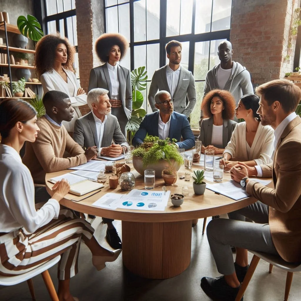 A diverse group of business professionals gathered around a large round table for a meeting in a well-lit, modern office with large windows and potted plants.