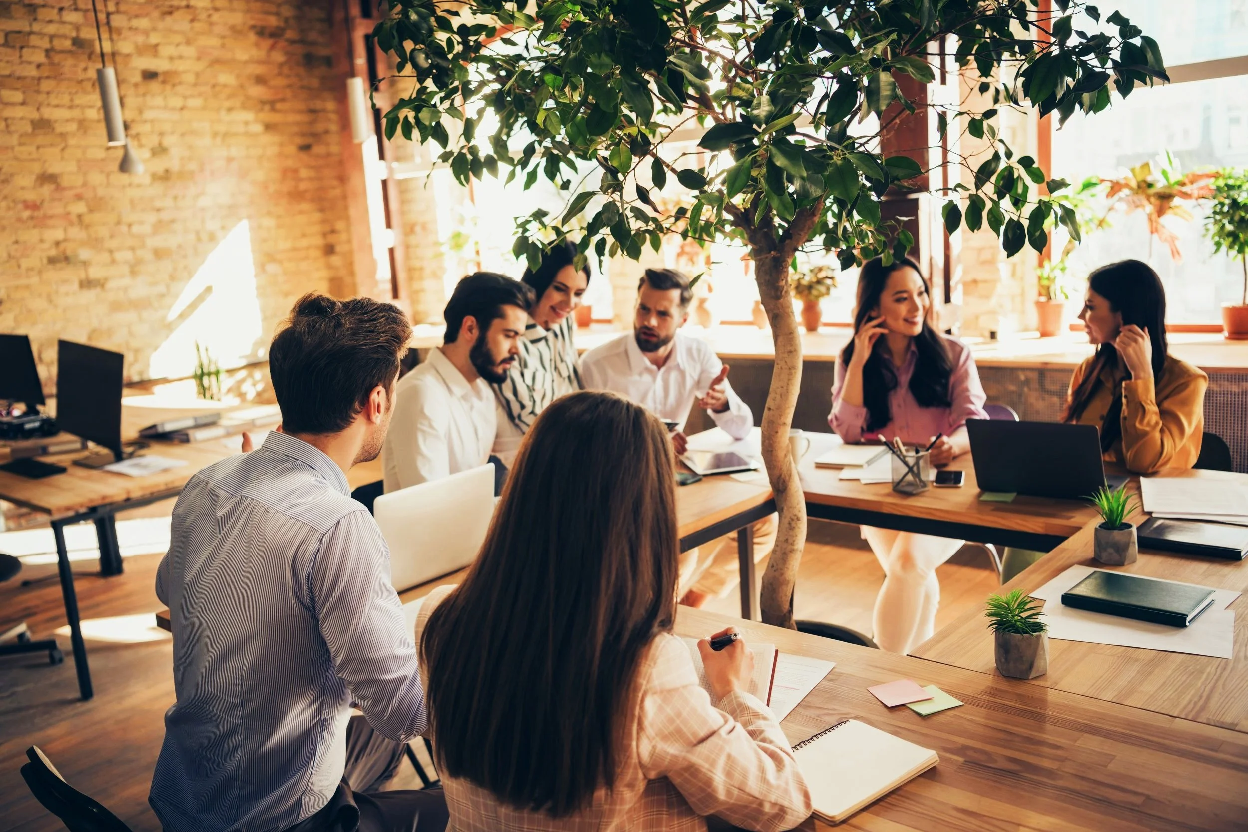 Group of people having a meeting around a large table in a bright, modern office with brick walls, large windows, and indoor plants.