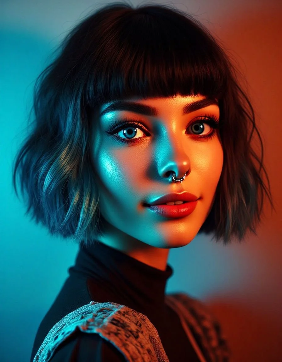 Portrait of a young woman with short, wavy, dark hair and blue eyes. She has a septum piercing and is wearing makeup with bold eye makeup and red lipstick. She is dressed in a black top with a patterned shoulder detail, and the background is a gradient of blue and orange lighting.