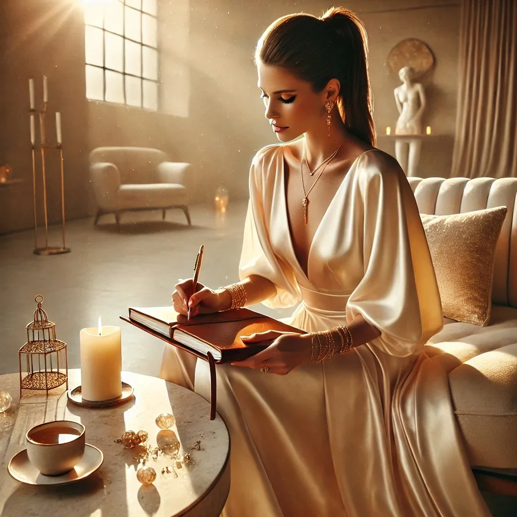 Elegant woman in a satin gown sitting on a sofa, writing in a notebook, in a warmly lit room with candles, a teacup, and decorative items on a marble table.