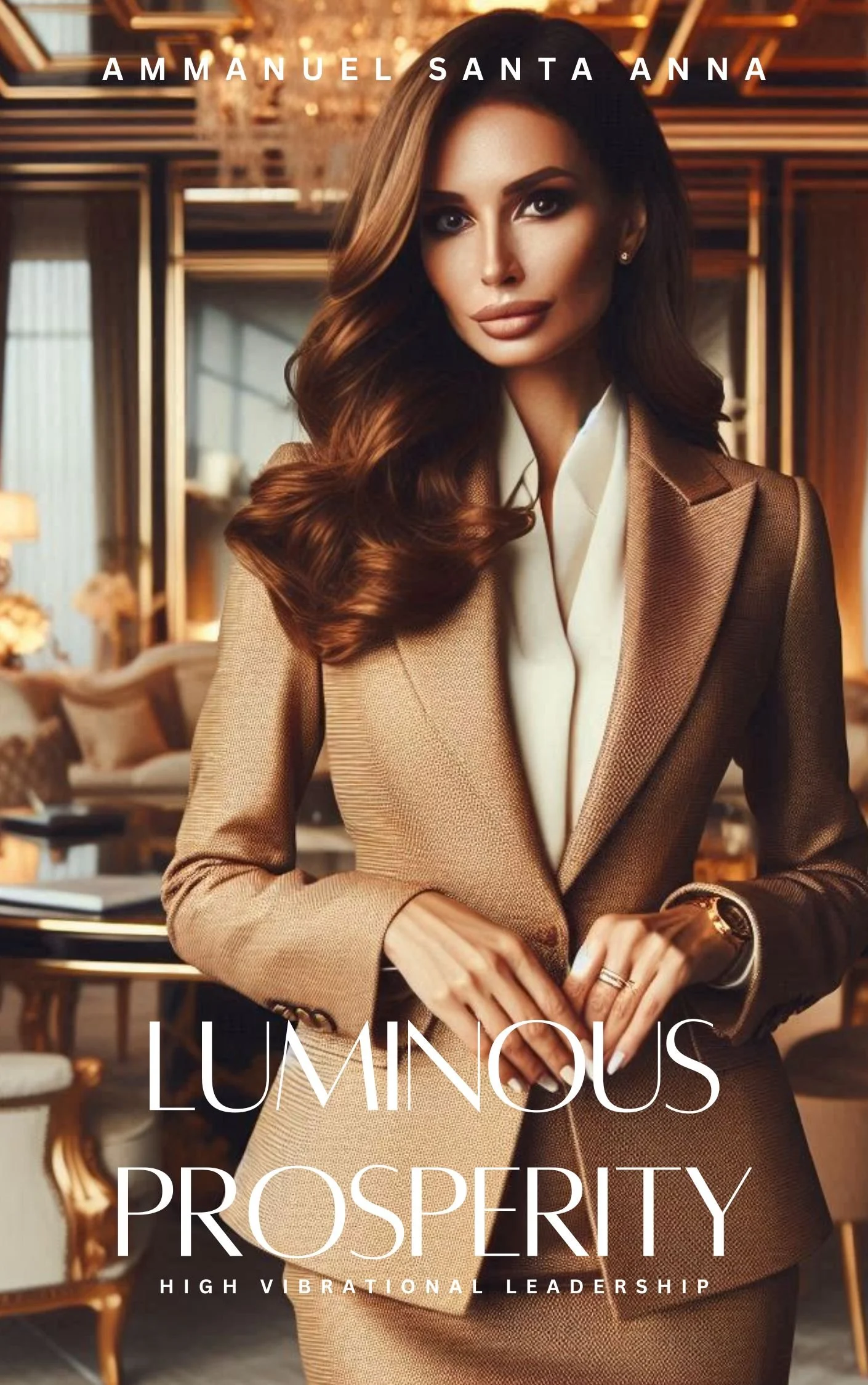 A woman with long wavy brown hair wearing a tan business suit with a white blouse, standing in a luxurious, well-decorated living room. The text overlay reads 'Luminous Prosperity' with a subtitle 'High Vibrational Leadership' and the name 'Amanuel Santa Anna' at the top.
