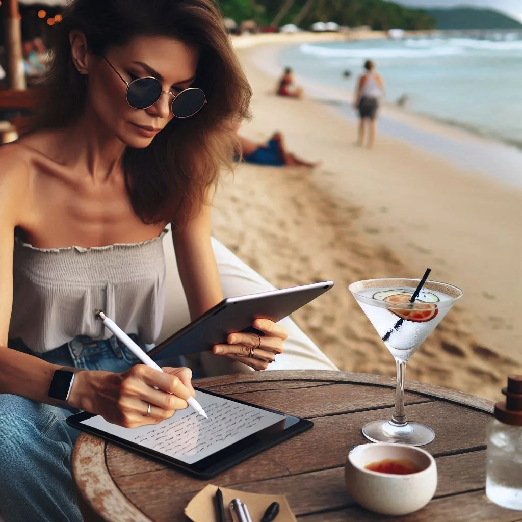 Woman at a beachside table writing on a tablet with a stylus, wearing sunglasses and a strapless top, with a cocktail drink and small bowl of sauce on the table, others relaxing on the beach in the background.