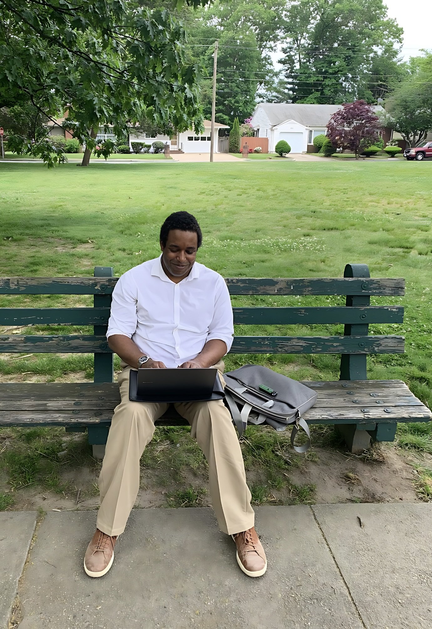 A man in a white shirt and beige pants sitting on a park bench, working on a laptop with a backpack and phone beside him, in a green park with trees and houses in the background.