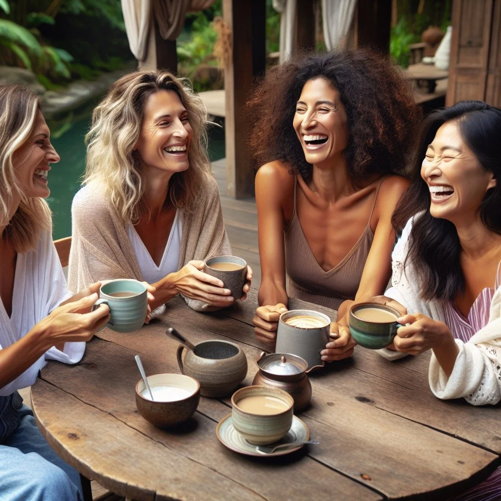 Five women are sitting around a wooden table outdoors, laughing and holding mugs of coffee or tea. There are several cups and small teapots on the table.