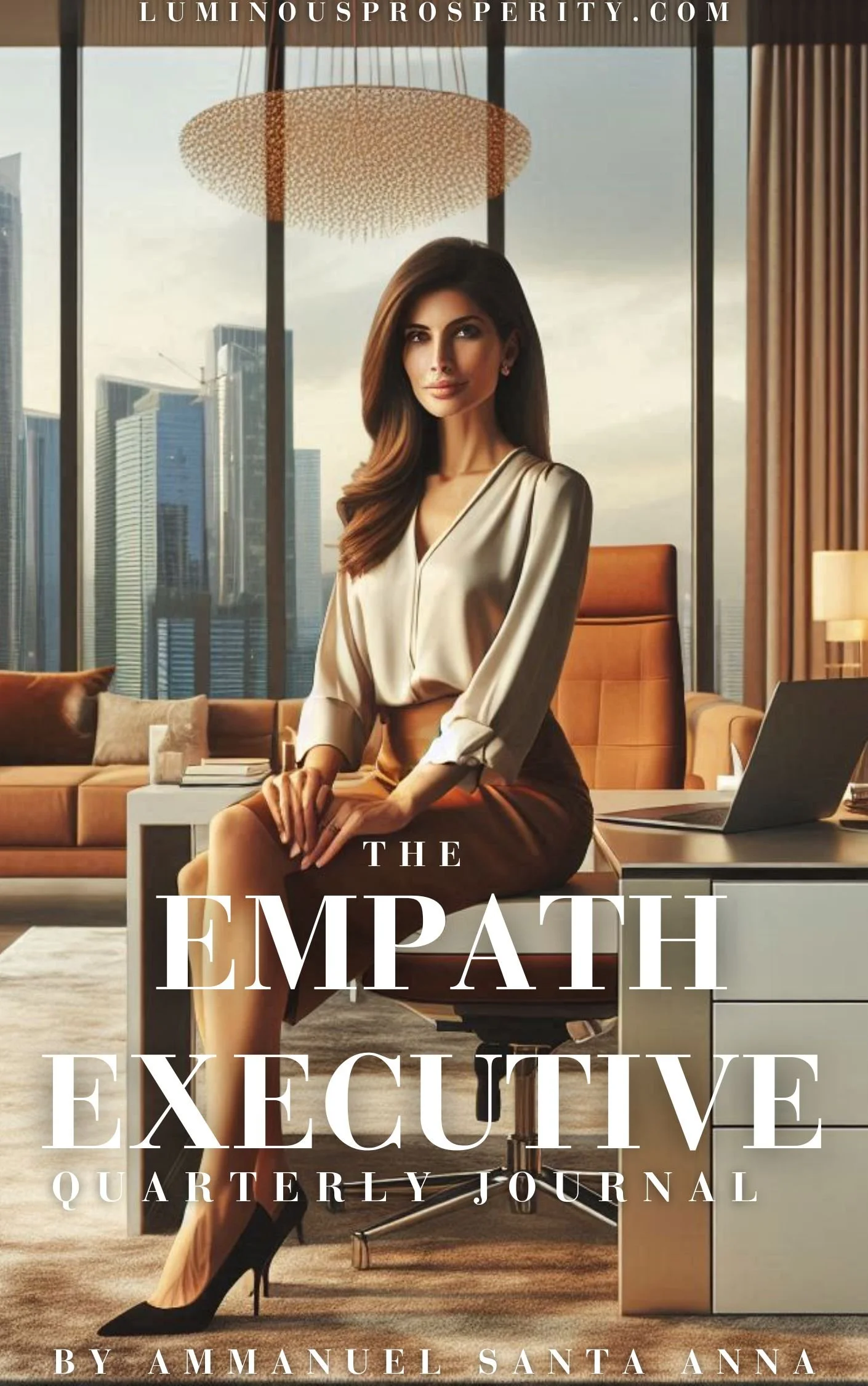 Cover of 'The Empath Executive Quarterly Journal' by Emmanuel Santa Anna features a confident woman with long brown hair, sitting on an office desk in a modern office with large windows and cityscape view, dressed in a satin blouse and skirt, with a laptop on the desk.