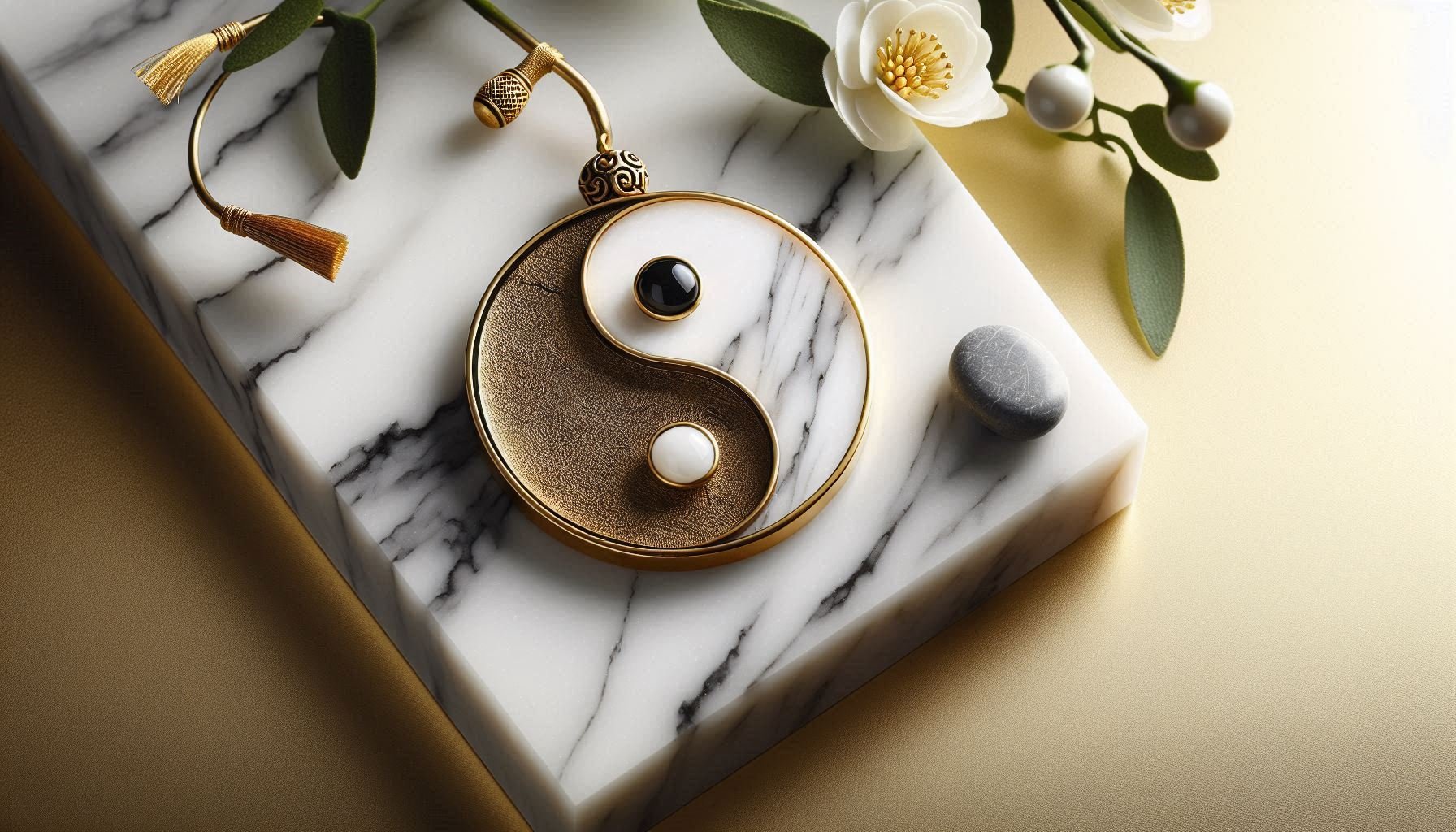 A yin-yang pendant with black, white, and gold elements, placed on a white marble slab with black veins. Surrounding the pendant are decorative objects including floral arrangements with white flowers, green leaves, small white berries, a smooth black stone, and a small round gray stone.