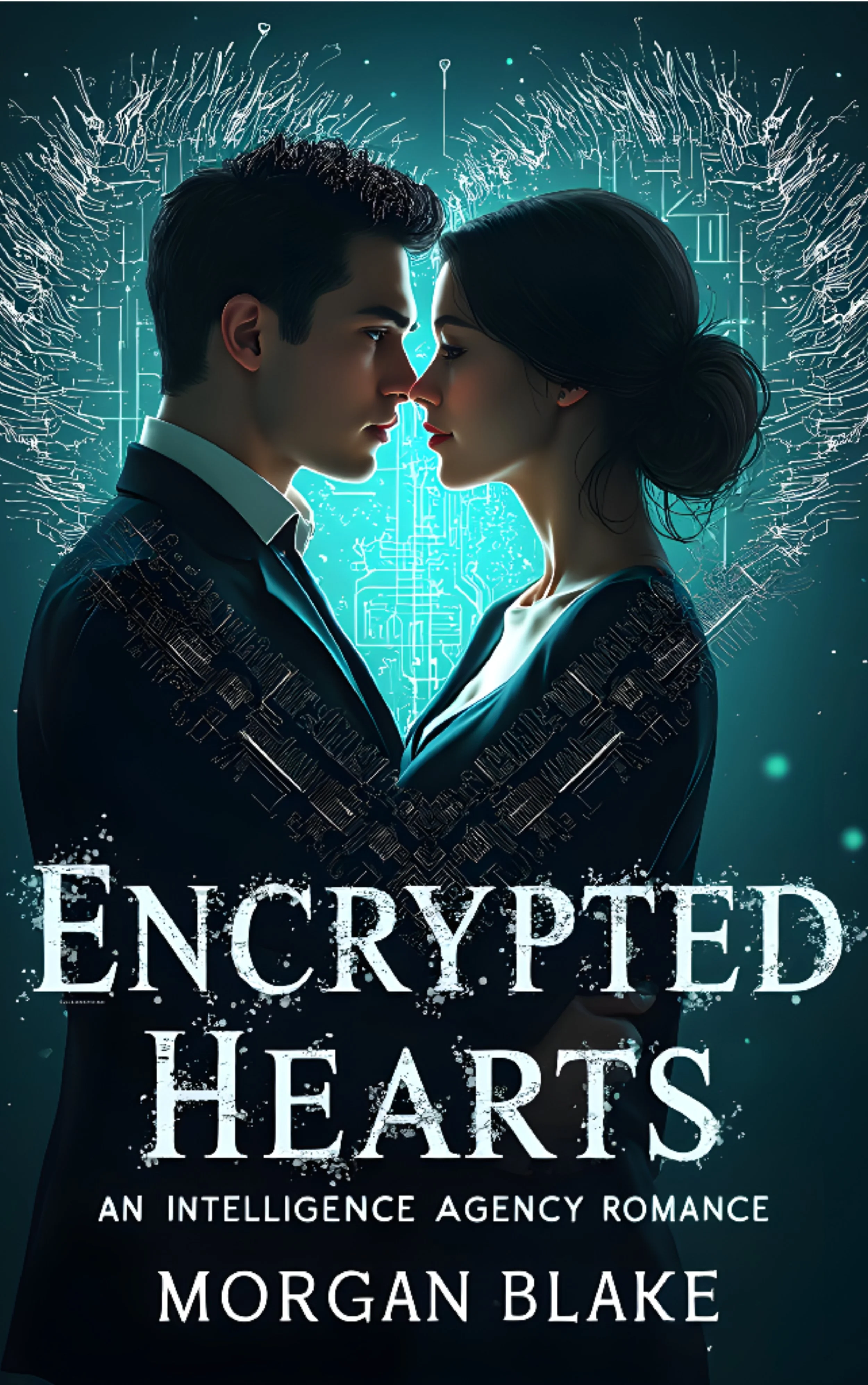 Book cover for 'Encrypted Hearts' by Morgan Blake featuring a romantic couple with foreheads touching amid digital circuitry and glowing blue background.