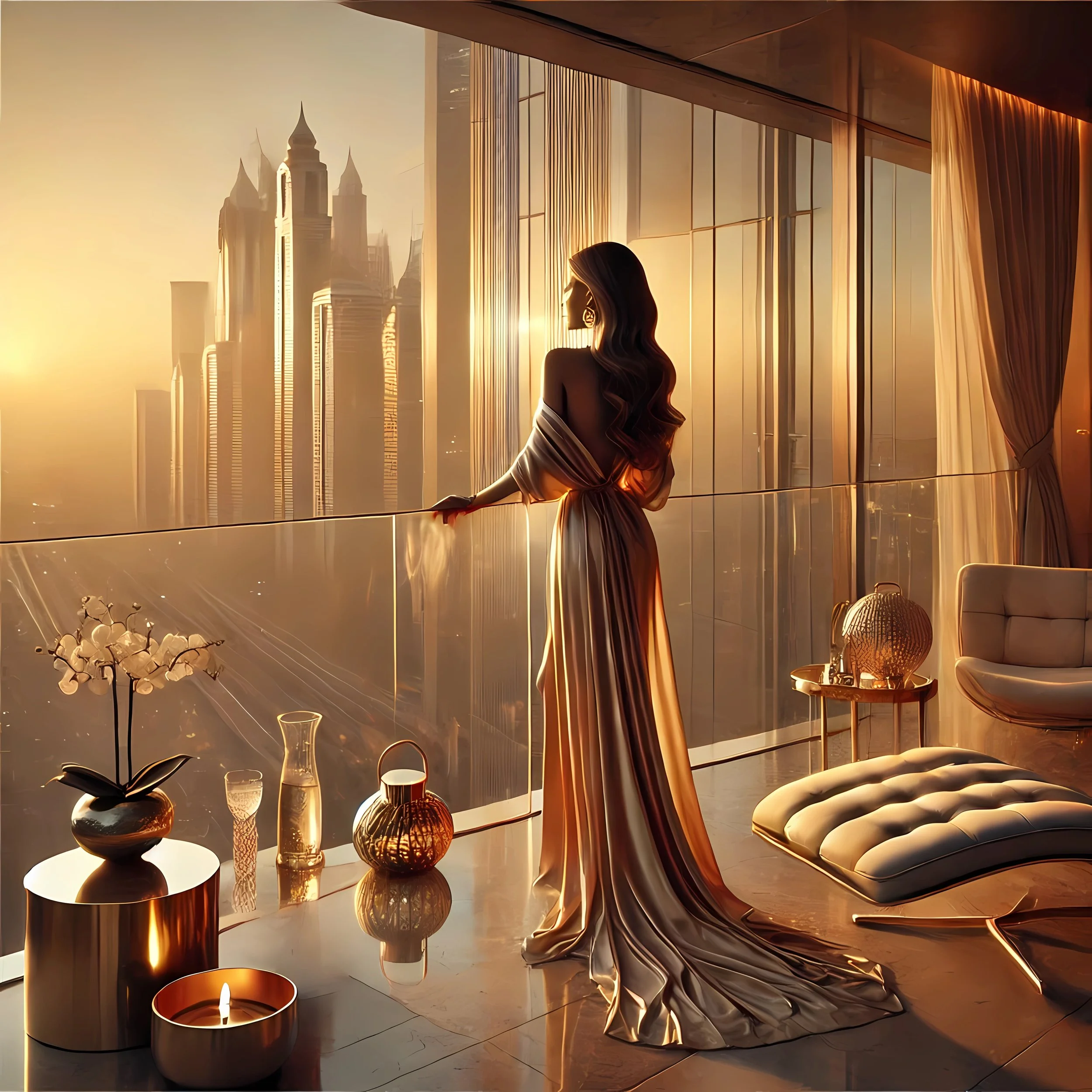 A woman in a shiny, elegant gown looking out a city skyline from a high-rise apartment at sunset, with modern decor and warm lighting.