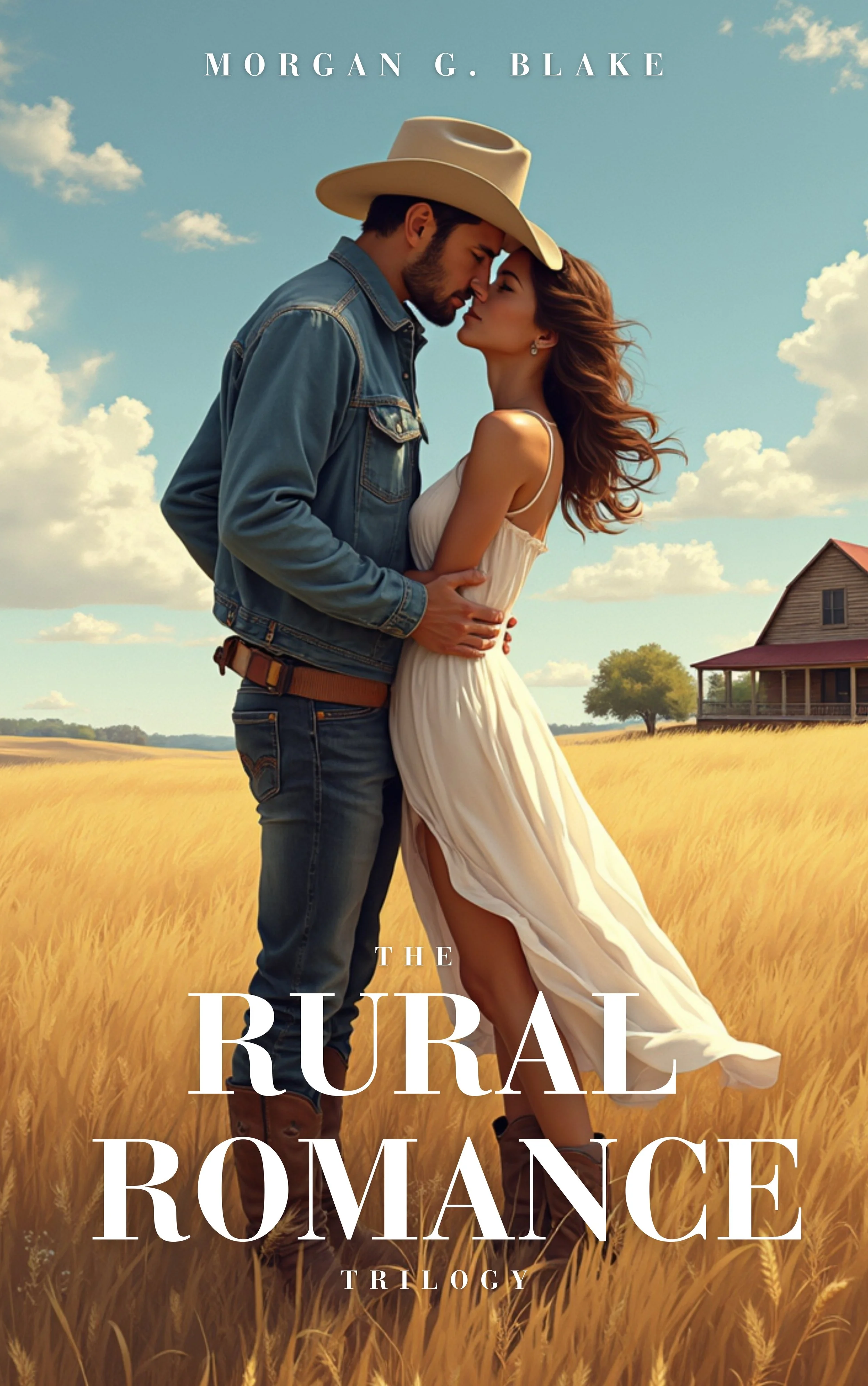 A couple embracing in a golden field under a blue sky, with a house and trees in the background. The man is wearing a cowboy hat, denim jacket, and jeans. The woman is wearing a flowing white dress. The text on the image reads "Morgan G. Blake," "The Rural Romance Trilogy."