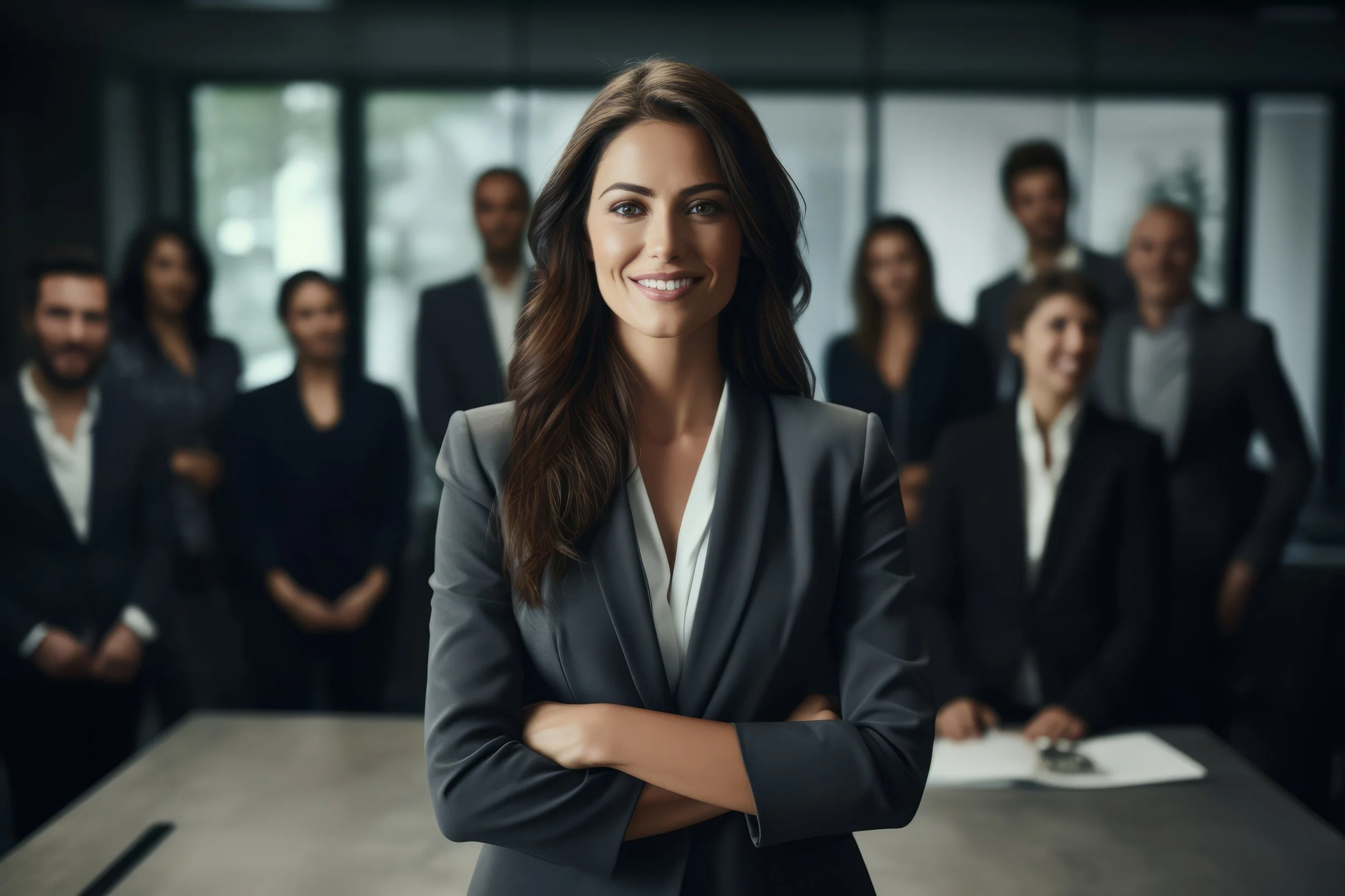 A professional woman with brown hair, wearing a gray blazer, stands confidently with arms crossed in front of a diverse group of colleagues in an office setting.