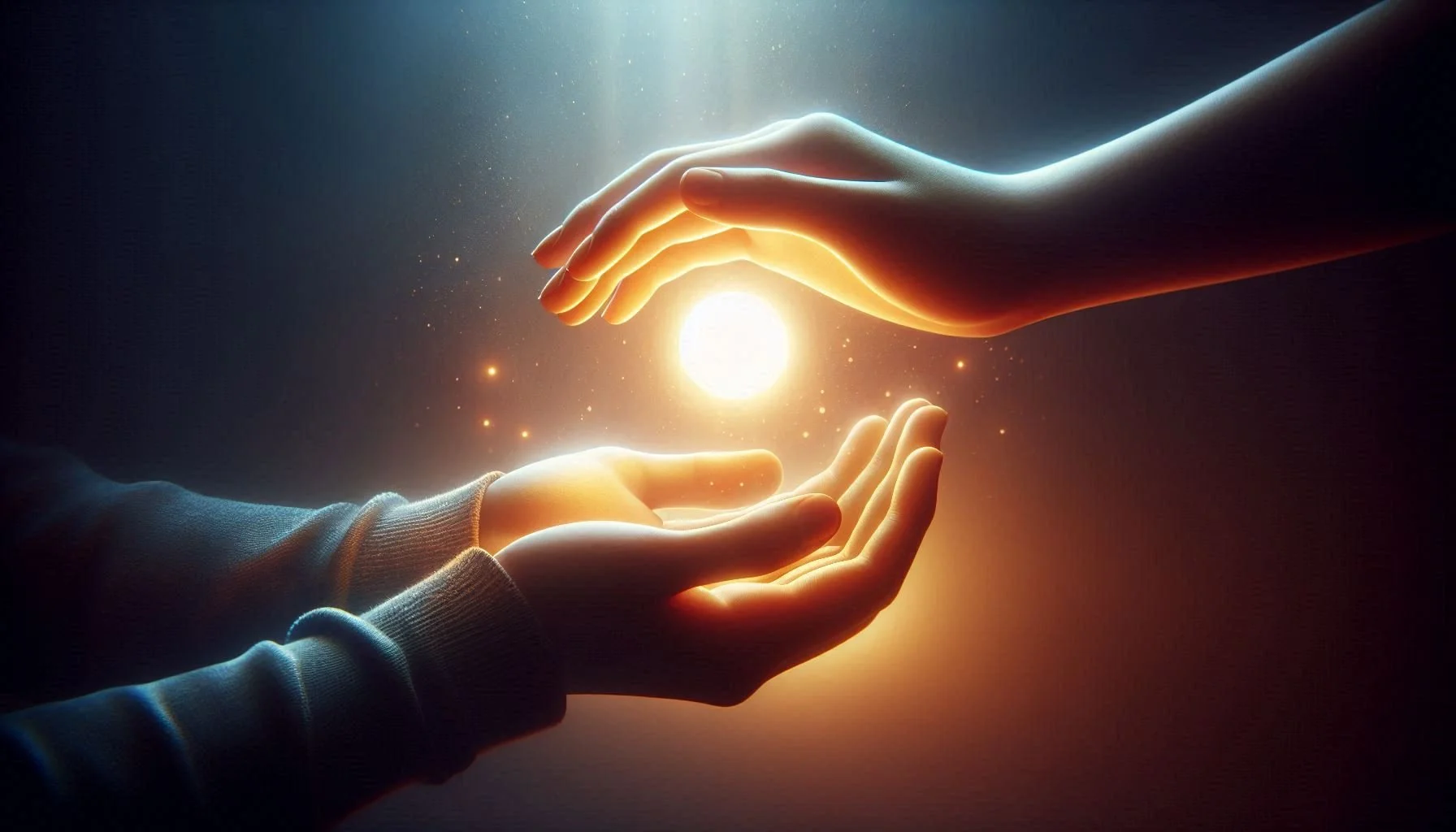 Two hands, one older and one younger, positioned around a glowing orb of light with a dark background and small glowing particles.