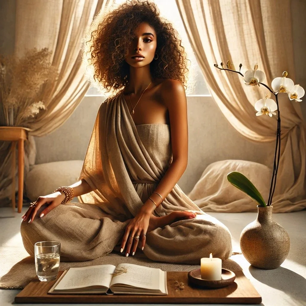 A woman with curly hair sitting on the floor in a serene setting with beige curtains, a book, a candle, a glass of water, and a potted orchid.