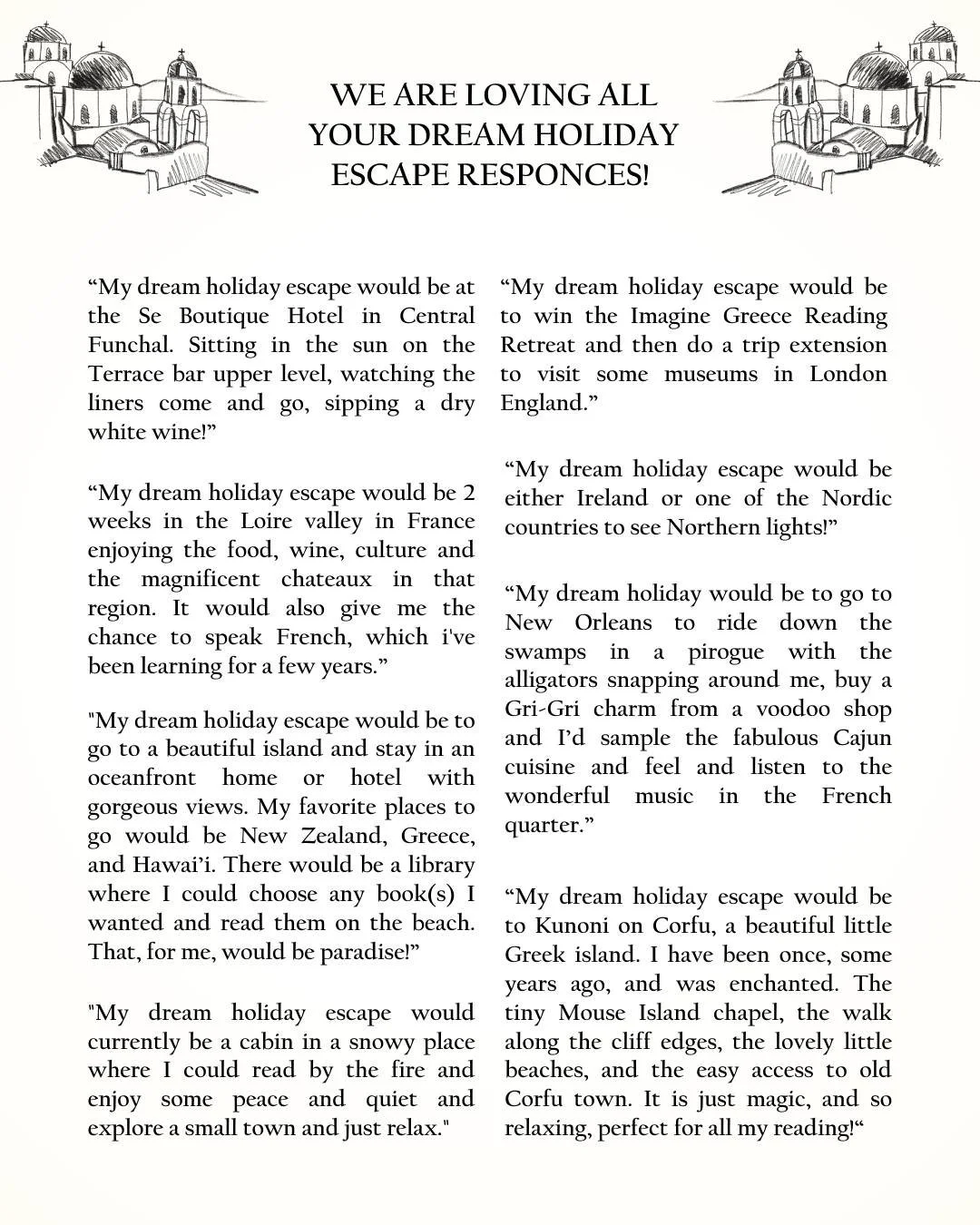 We are LOVING all your dream holiday escape responses 😍✈️📖

And just a reminder 👇
If you want to be in for a chance to win this luxury reading retreat:

HOW TO ENTER:
1. Join the Joffe Books mailing list ➡️ https://free.joffebooks.com/win-luxury-r