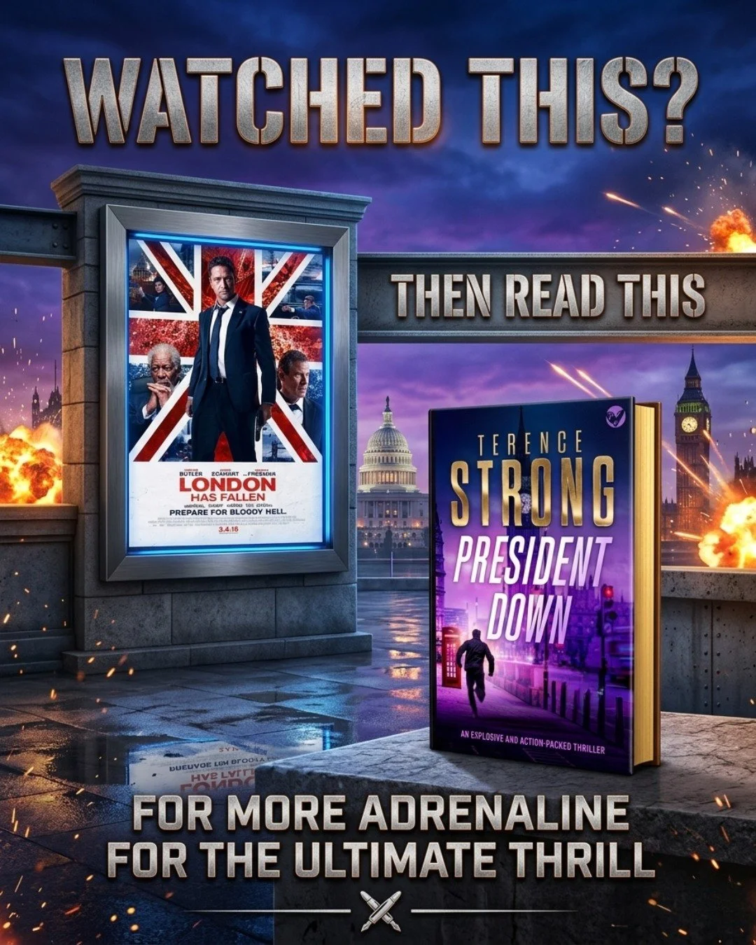 Love action-packed thrillers like London Has Fallen?

This one takes it to the next level 👇

✔️ Conspiracy inside government
✔️ Ex-sniper back in action
✔️ A plot that could change history

PRESIDENT DOWN by Terence Strong. Yours for just &pound;0.9