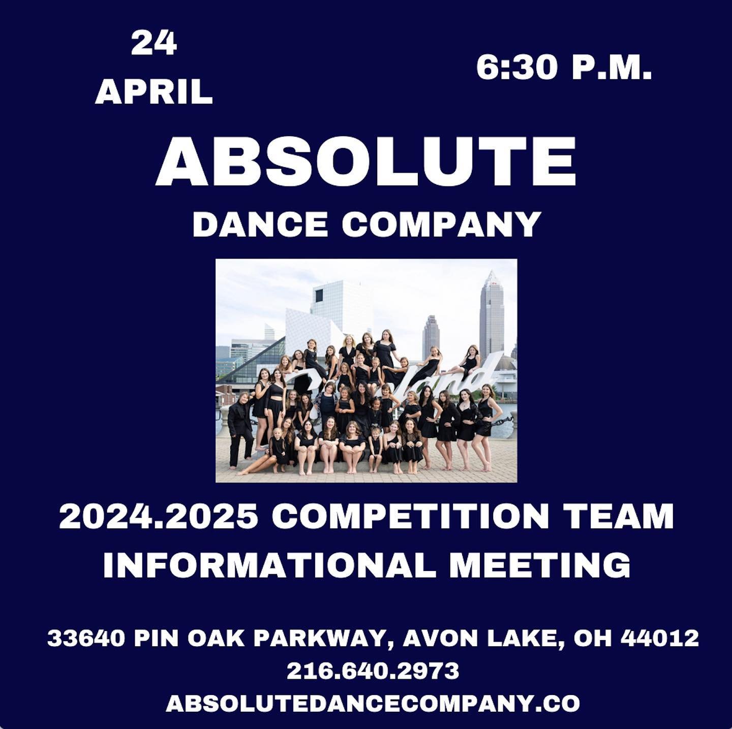 Is your dancer interested in auditioning for Absolute Dance Company&rsquo;s 2024.2025 Competition Team?

Please join us for our informational meeting, Wednesday, April 24th at 6:30 p.m. to learn more about our highly awarded competition teams, our aw