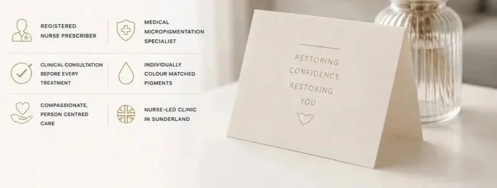 A printed sheet describing a nurse-led clinic offering personalized treatment, including clinical consultation before every treatment, and color-matched pigments, with symbols for each service. A small white card with the message "Restoring Confidence Restoring You" and a heart symbol is placed next to a glass vase with a flower on a table.