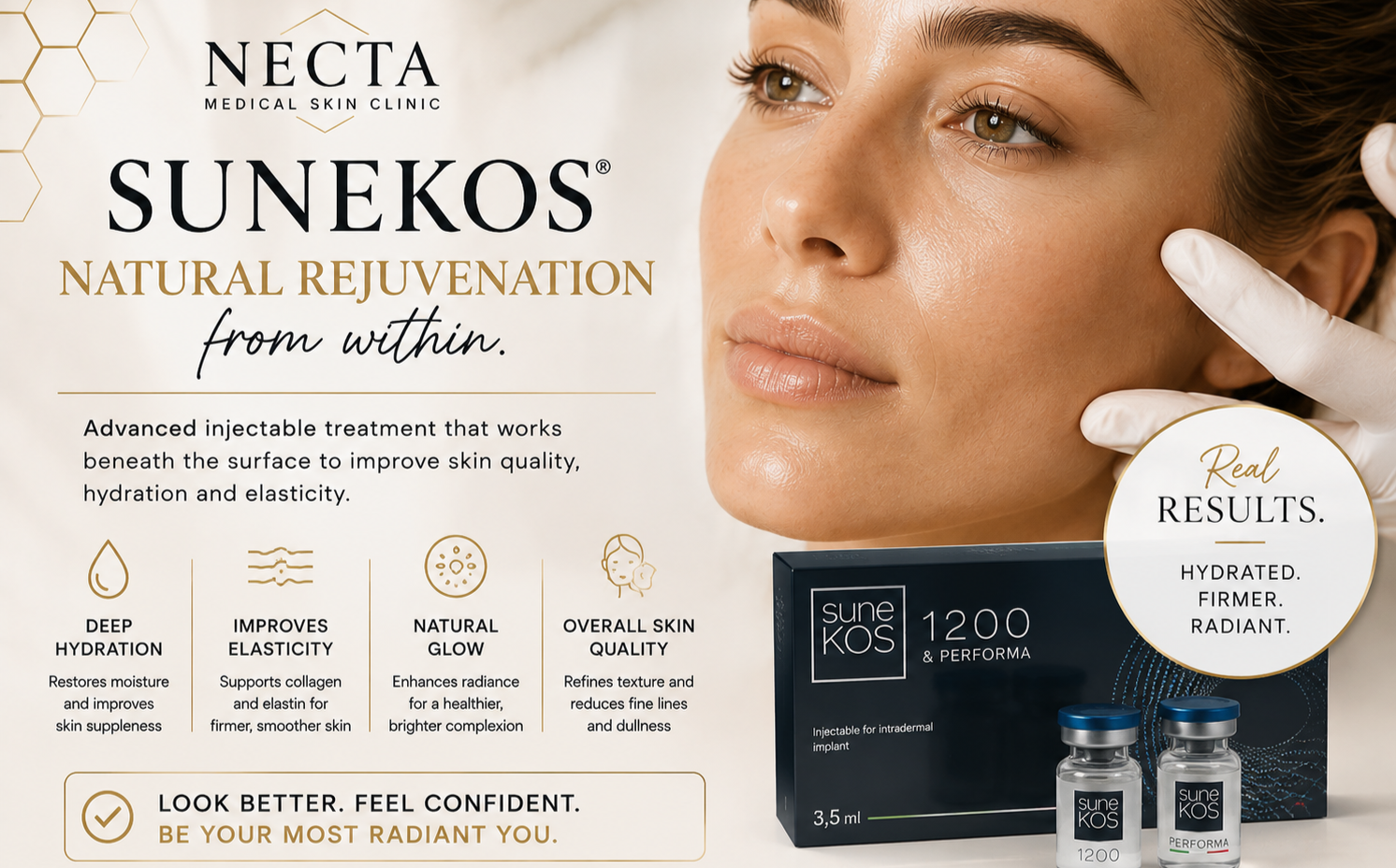 Advertisement for SUNEKOS, a skin rejuvenation treatment, featuring a close-up of a woman with clear skin, along with product packaging and vials.