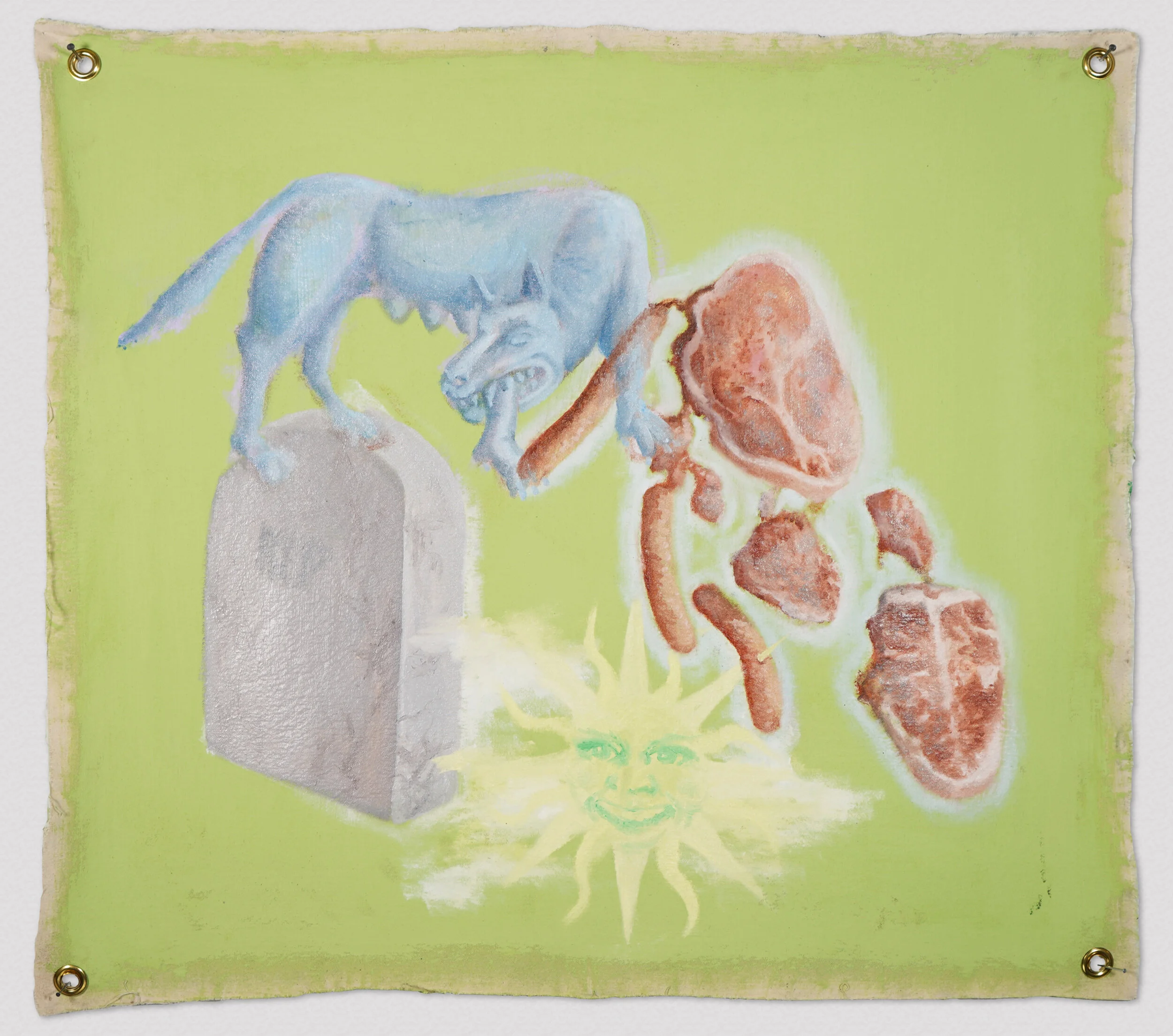 Fig. 5. Meat Cycle, 2019, oil on unstretched canvas.&nbsp; 31” x 36”.