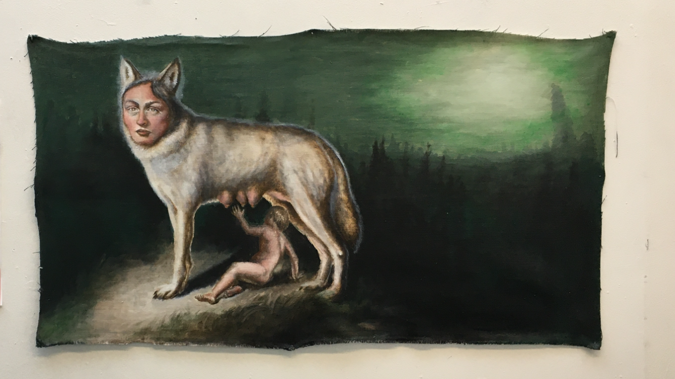 Fig. 6. Shewolf, 2019, oil on unstretched canvas.&nbsp;47” x 27”.