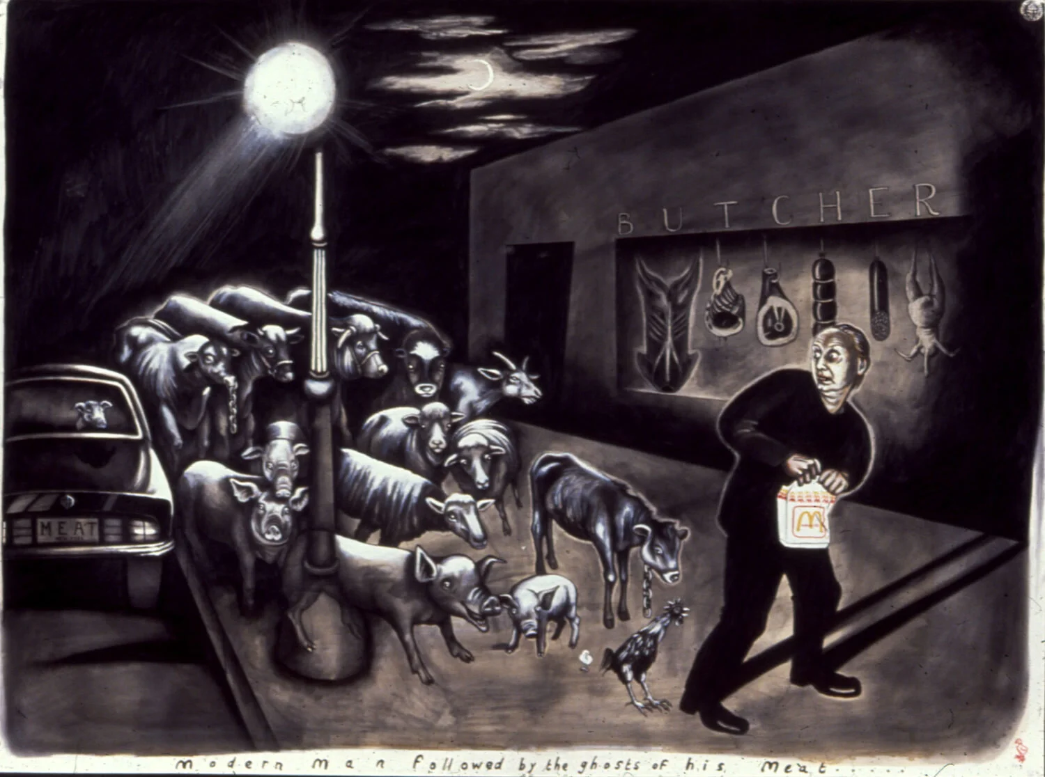 Modern Man Followed by the Ghosts of His Meat, Sue Coe.  1990.