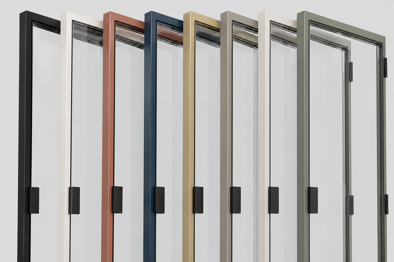 Eight glazed Eco Pod doors with frames in black, white, terracotta, blue, beige and green tones.