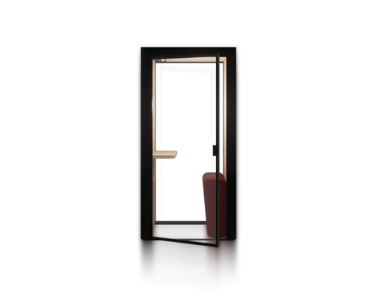 Compact Eco Pod with an integrated high seat and a shelf.