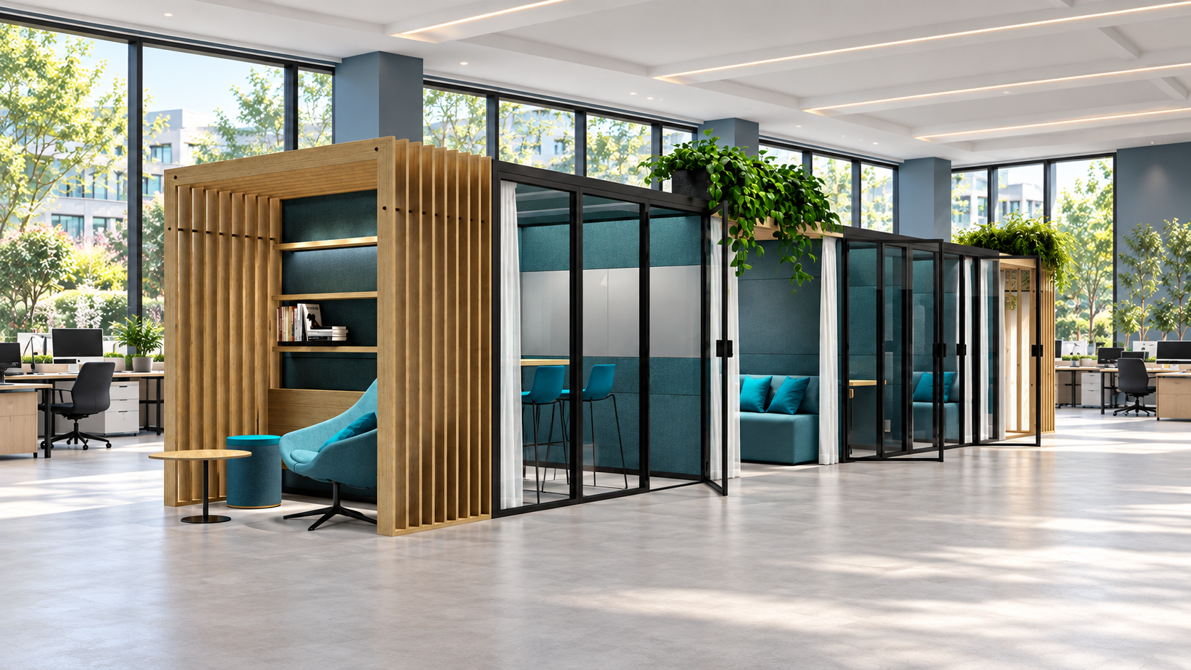 A row of glazed Eco Pods with wood-look slats, exterior shelving and integrated work surfaces.
