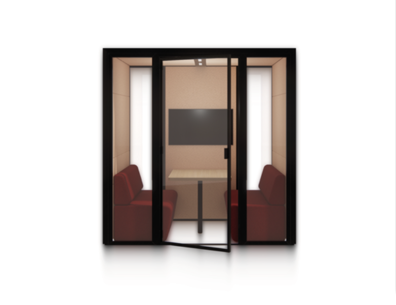 Eco Pod with burgundy upholstered sofas, a central table and a rear screen.