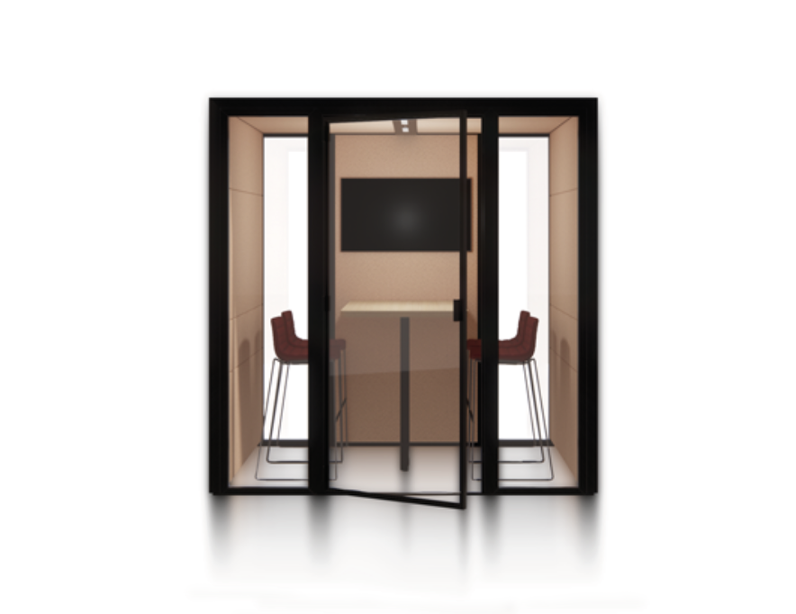 Front view of an Eco Pod with an integrated table, two chairs and a rear screen.