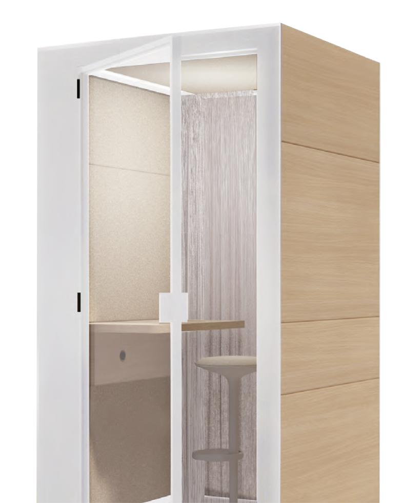 Eco Pod with a white frame, glazed door and oak-look laminated exterior panels.