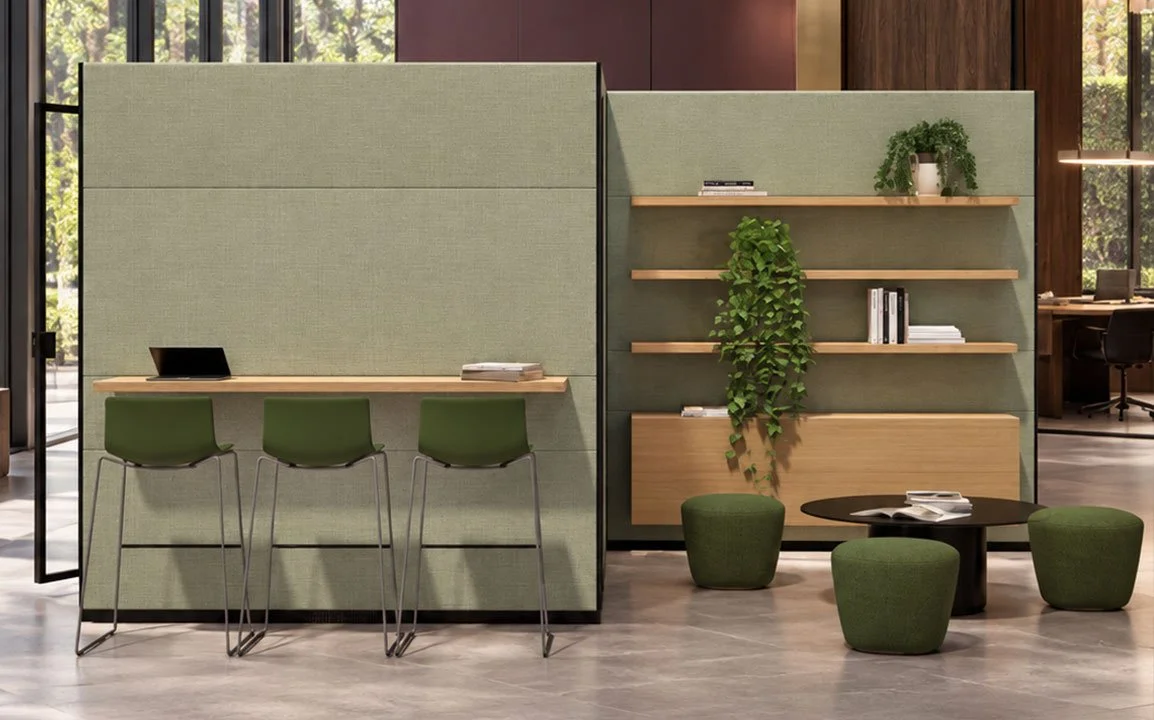 Exterior desk, stools and bookshelves integrated into an Eco Pod in a modern office.