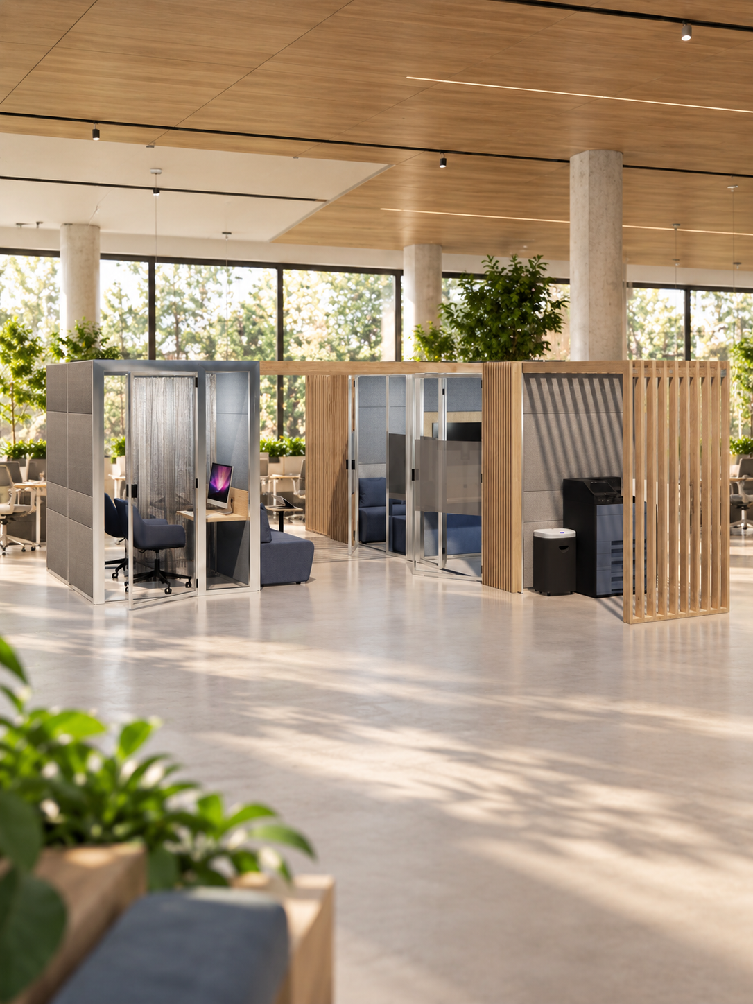 Detail of overhead wood-look slats spanning the space between two Eco Pods.
