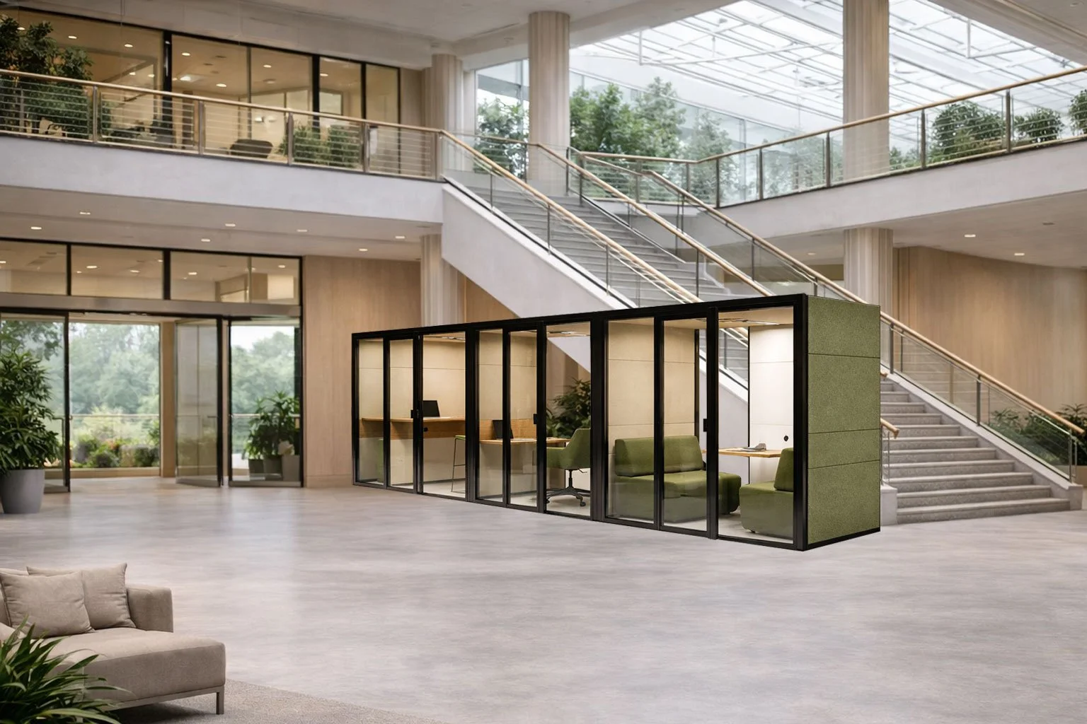 Flexible 2026 office interior with modular Eco Pods and adaptable work zones.