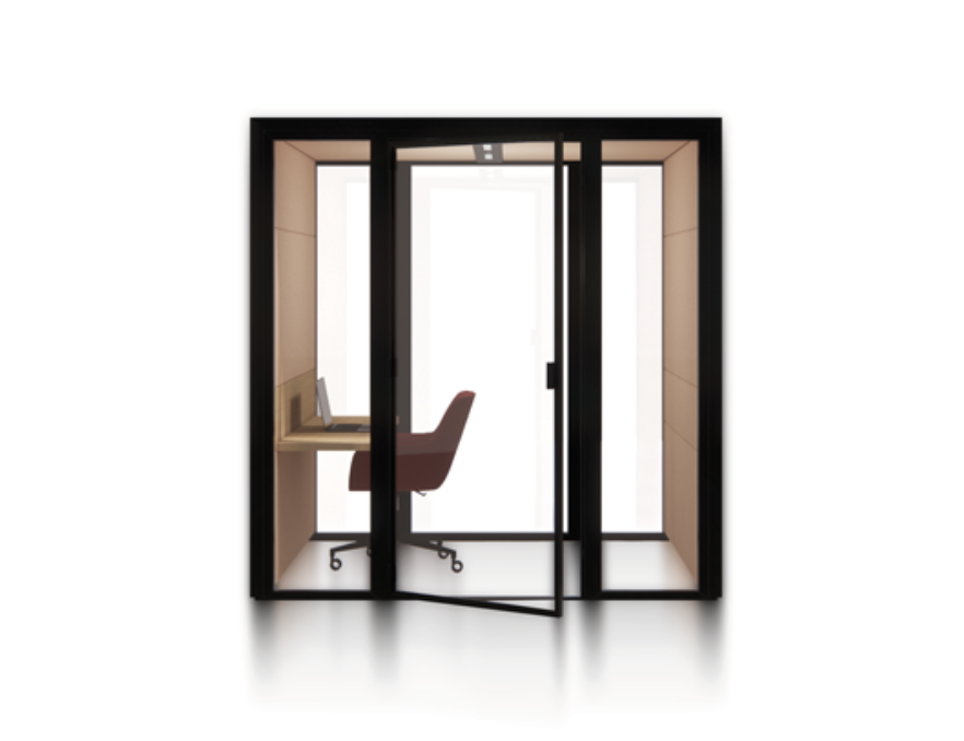 Eco Pod with a side-mounted work surface and a chair.