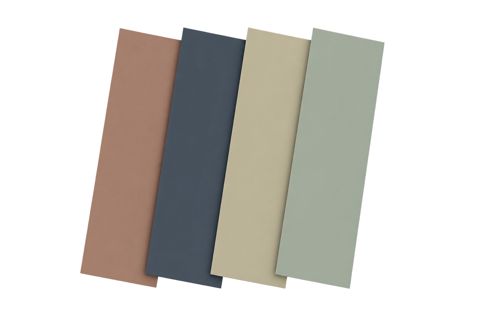 Four overlapping colour samples in terracotta, dark blue, sand and sage green.
