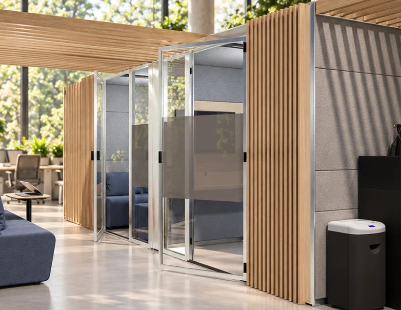 Vertical wood-look Privacy Slats screening views beside a glazed Eco Pod.