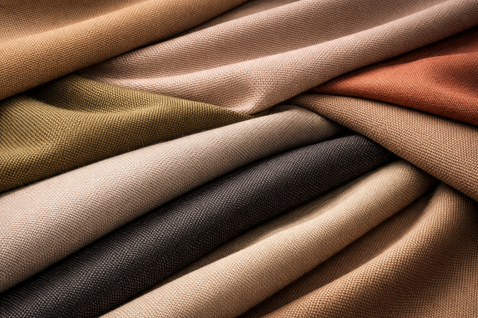 Draped upholstery fabrics in neutral, green and terracotta tones for Eco Pods.