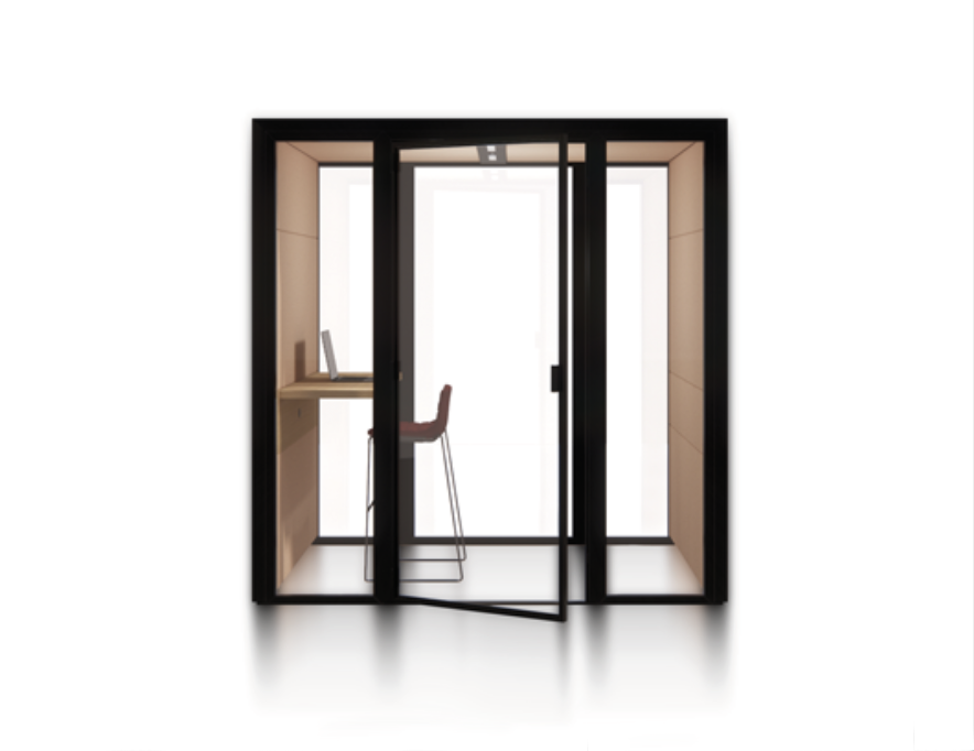 Eco Pod with a compact interior shelf and a high stool.