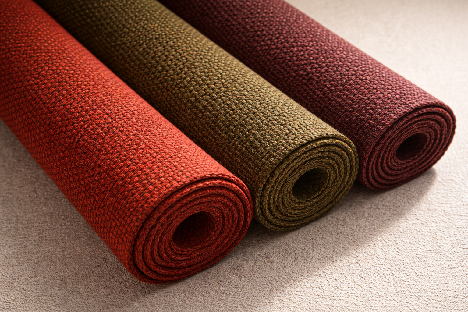 Rolled Gabriel Cyber fabrics in orange, olive green and burgundy.