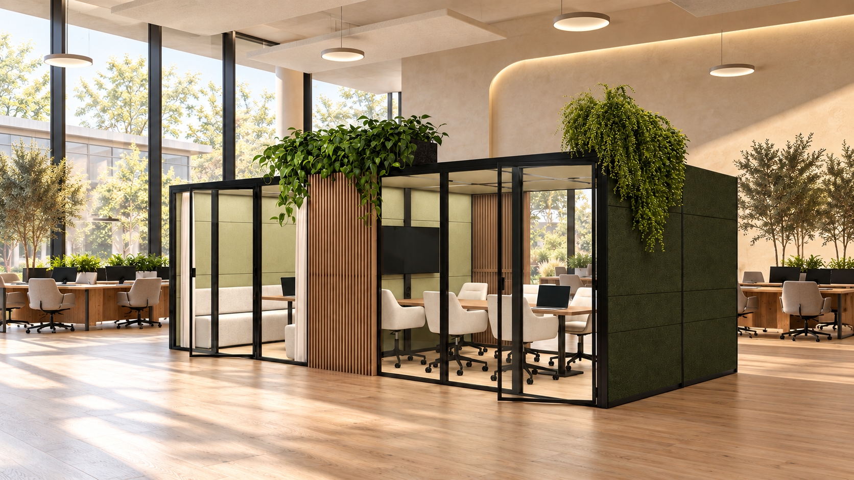 Glazed Eco Pods with furnished interiors and plants in a bright open-plan office.