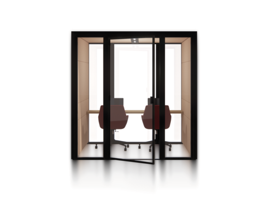 Eco Pod with a rear worktop and two chairs.