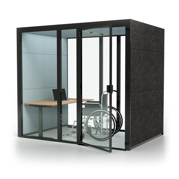Acoustic work and meeting Eco Pods defining flexible zones in a modern office.