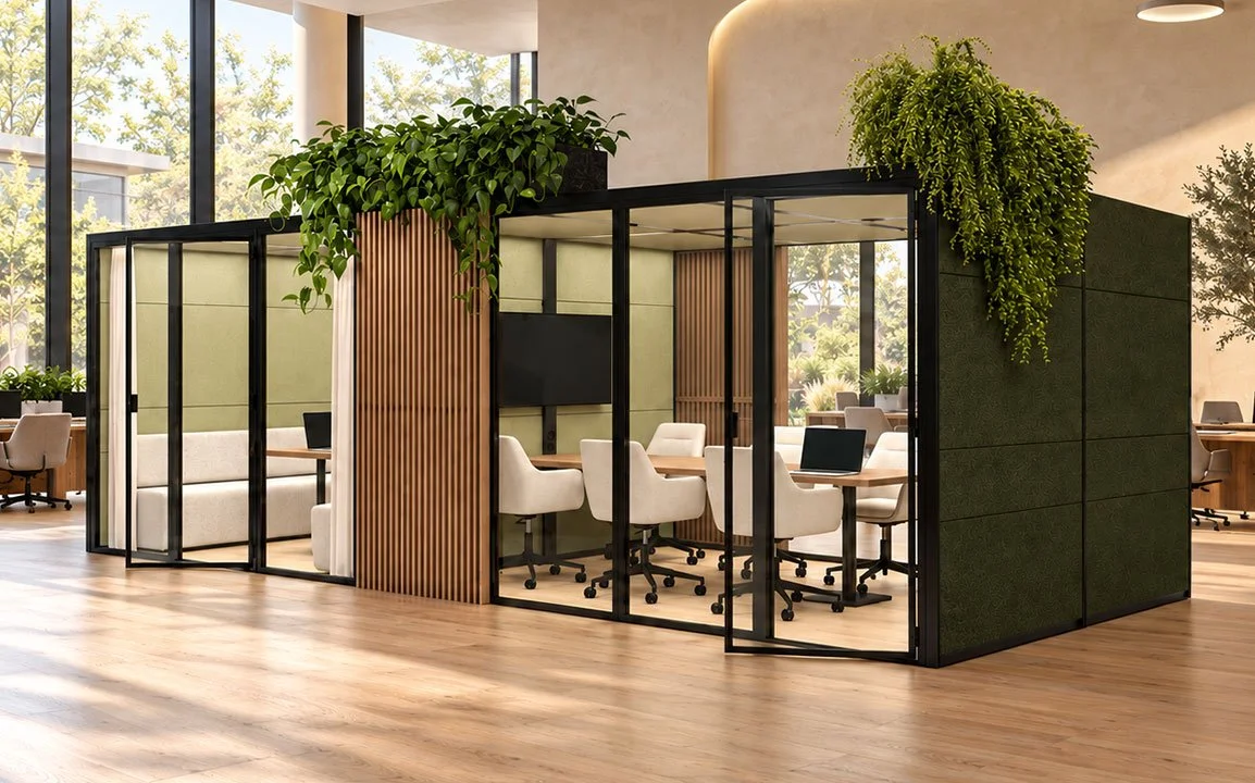 Eco Pods with glazed fronts, furnished interiors and plants in a bright office.