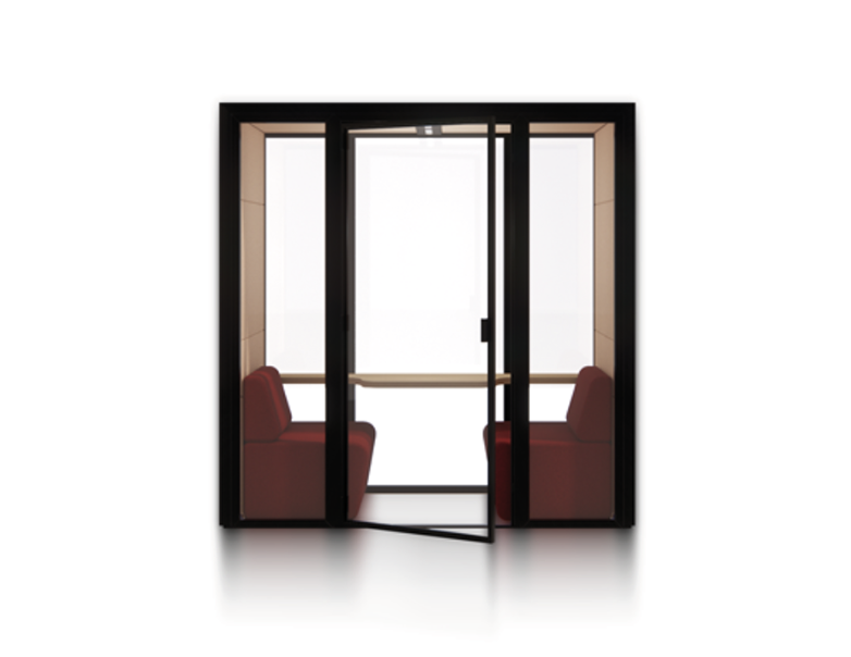 Eco Pod with two facing upholstered seats and a table between them.