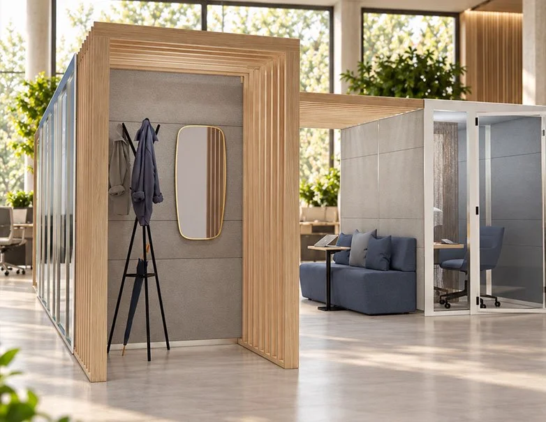 Curved wood-look Arc Slats framing a semi-open space beside an Eco Pod.
