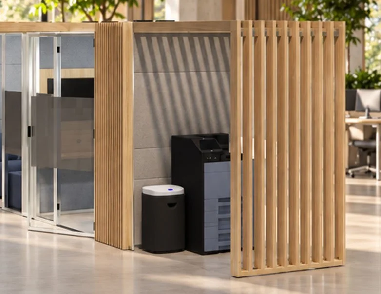 Wood-look Corner Slats defining a breakout area beside an Eco Pod.