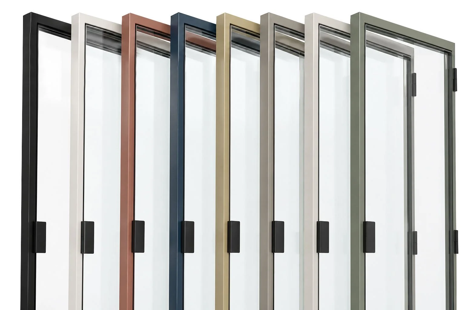 Eight glazed Eco Pod doors displaying the standard and curated frame colours.