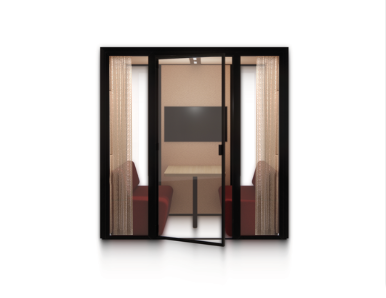 Eco Pod with interior curtains, upholstered seating and a rear screen.