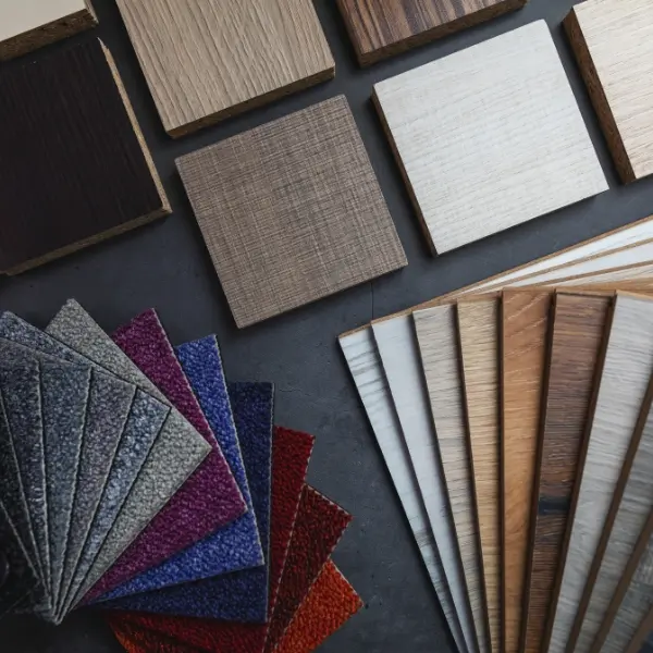 Recycled and circular material samples used in sustainable office furniture and Eco Pods.